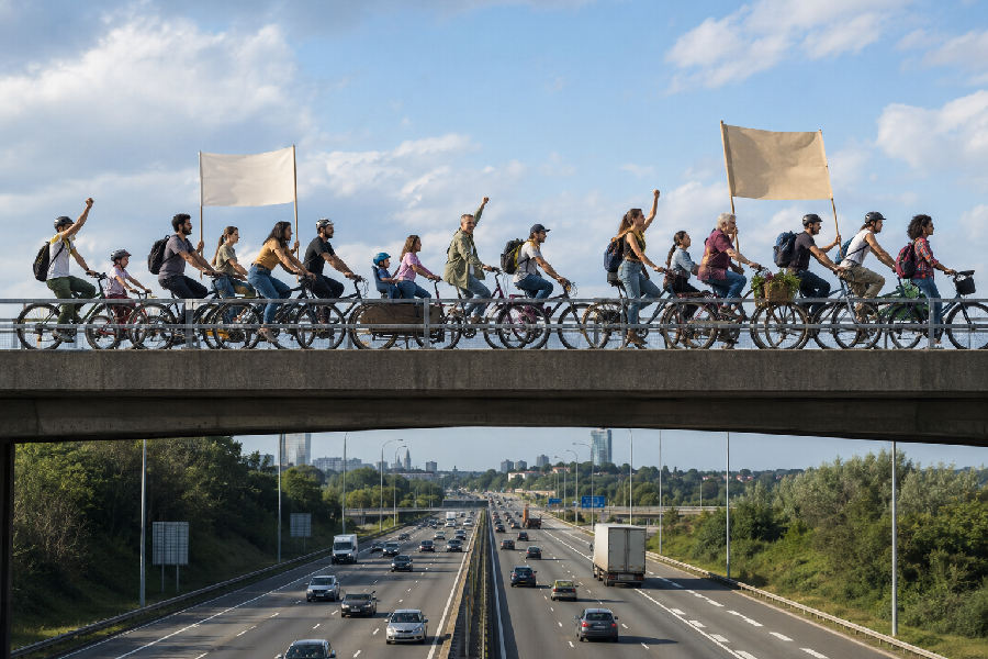Visuel généré par IA de cyclistes manifestant sur un pont surplombant une autoroute